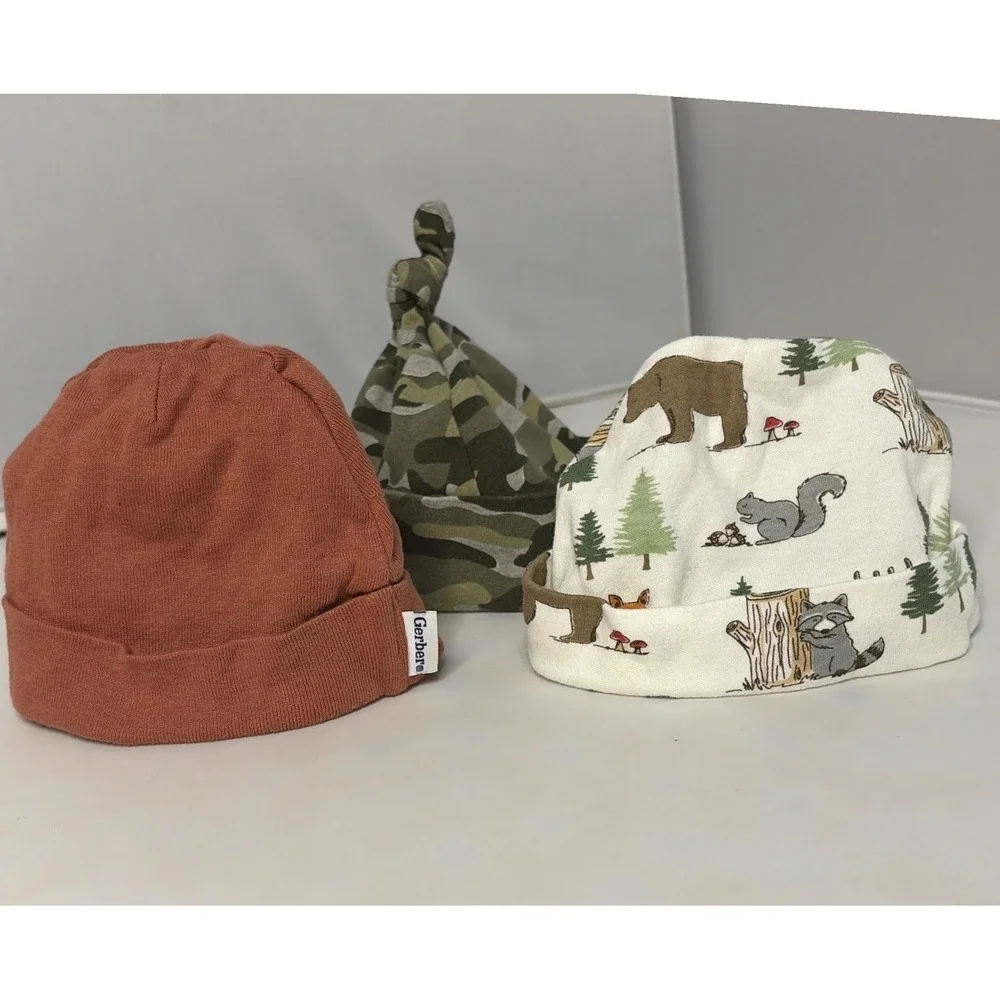 Gerber Baby Essentials Hudson Baby 3 Pack Beanies Hats 0-6M Camo Forest Rust